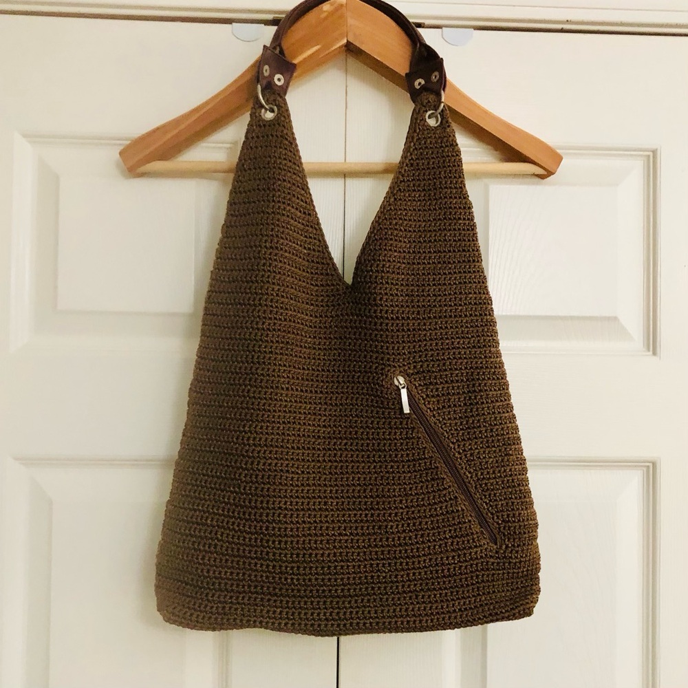 Crocheted Boho Style Brown Large Shoulder Bag, magnetic & zippered closures